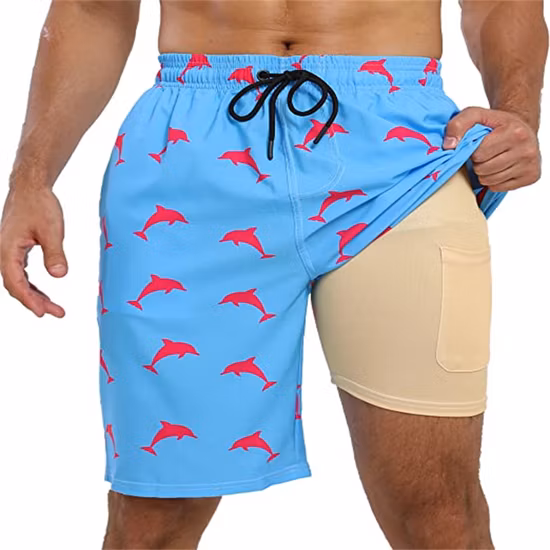 Men′ S Quick Dry Beach Shorts Trunk Zipper Pockets Swim Shorts Mesh Lining Swimwear with Fishes Printing