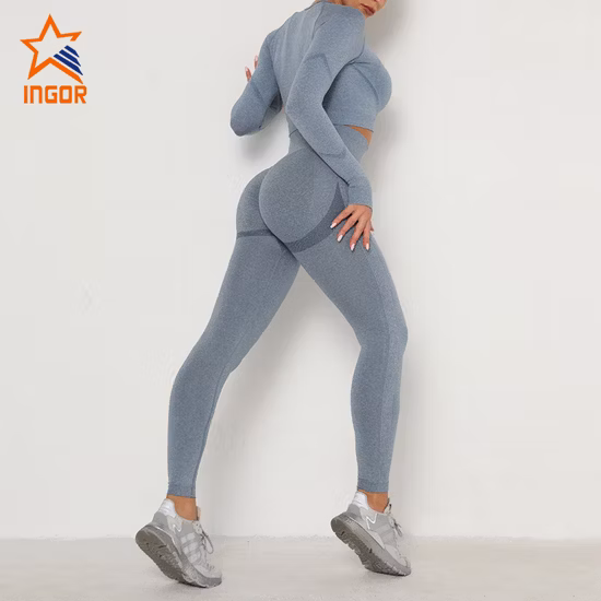 Ingor Sportswear European and American Seamless Yoga Sets Women High Waist Sports Long Sleeve Shirts and Fitness Yoga Leggings Two
