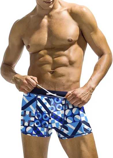 Men′s Square Printed Athletic Swimwear Bathing Suit Short Trunks 