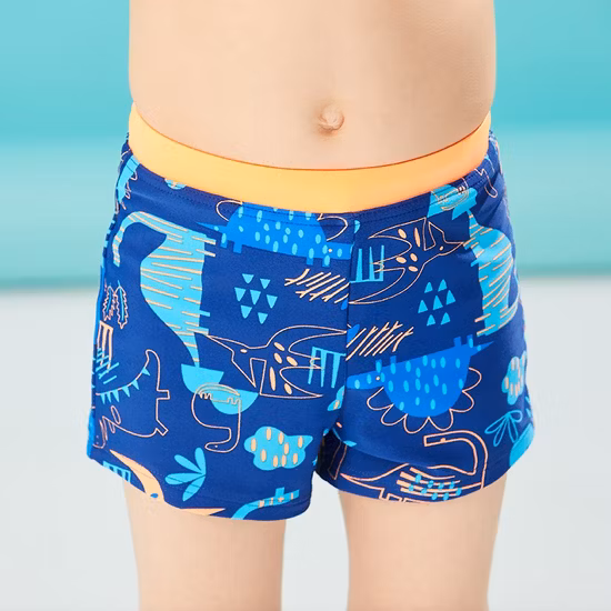 2021 Fashionable Multi Way Dino Print and Contrast Solid Waist Swim Short Swimwear for Boys