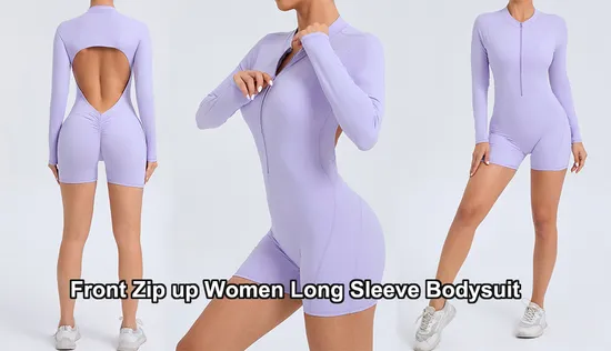 Women′s Sexy Zip up One Piece Outfits Long Sleeve Backless Short Pants Yoga Fitness Bodysuit Jumpsuit 